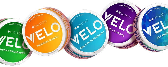 На зображенні показано банчоки Velo а саме Bright Spearmint, Tropical Mango, Smooth Peppermint, Groovy Grape Icy Berries