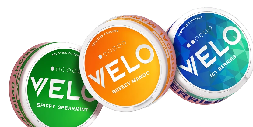 На зображенні показано банчоки Velo а саме Bright Spearmint, Tropical Mango, Smooth Peppermint, Groovy Grape Icy Berries