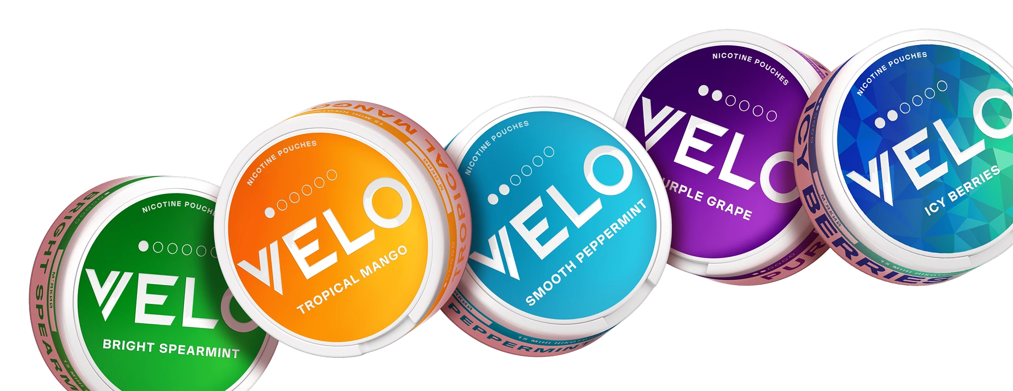 На зображенні показано банчоки Velo а саме Bright Spearmint, Tropical Mango, Smooth Peppermint, Groovy Grape Icy Berries